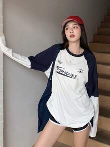 DAZY Áo thun tay dài họa tiết chữ Raglan tương phản dành cho nữ, Quần áo mùa thu cho nữ - Đen và trắng - Xem 5