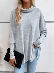 SHEIN LUNE Women's High Neck Batwing Sleeve Simple Basic, Fashionable And Casual T-Shirt - Grey - View 1