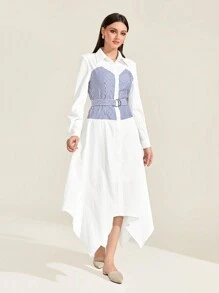 Mulvari Striped Print Asymmetrical Hem 2 In 1 Dress - White - View 4