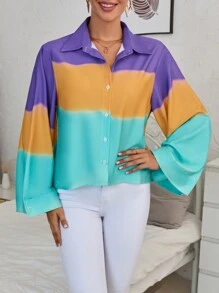 GENKIRA 撞色喇叭袖襯衫 - 藍色 - 查看 5