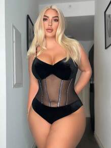 SHEIN SXY Bộ đồ liền thân lưới tương phản đính đá cỡ lớn cho nữ Câu lạc bộ trang phục gợi cảm - màu đen - Xem 1