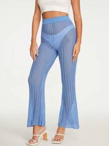 SHEIN VCAY Hollow Out Flare Leg Cover Up Pants Without Panty For Summer Beach Vacation - Blue - View 3
