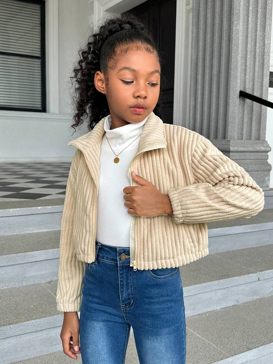 SHEIN Tween Girl Zip Up Drop Shoulder Corduroy Jacket - Beige - View 1
