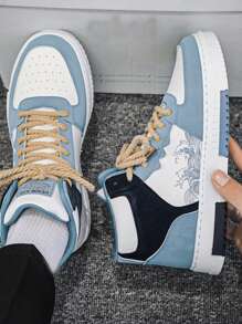 Zapatillas Deportivas Para Hombres, Zapatos Deportivos Casuales De Moda Con Cordones Delanteros En La Calle Con La Mezcla Blanco Y Azul Y De Alto Nivel - Celeste - Ver 2