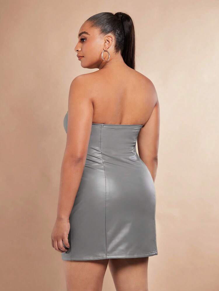 Plus Solid PU Leather Tube Bodycon Dress