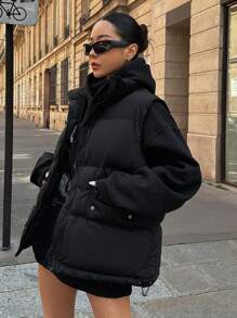 DAZY Solid Flap Pocket Padded Thick Pockets Vest, Women Winter Coat Jacket - Black - View 7