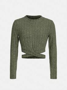 SHEIN Tween Girl Crisscross Hem Crop Tee - Army Green - View 1