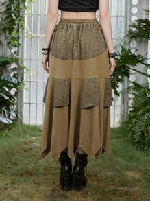 ROMWE Goth Lace lên phía trước Viền không đối xứng Váy - màu nâu - Xem 3