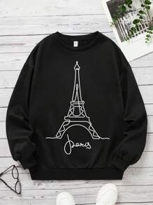 Cô gái tuổi teen Tòa tháp & Đồ họa Chữ cái Thả vai Áo nỉ - màu đen - Xem 1