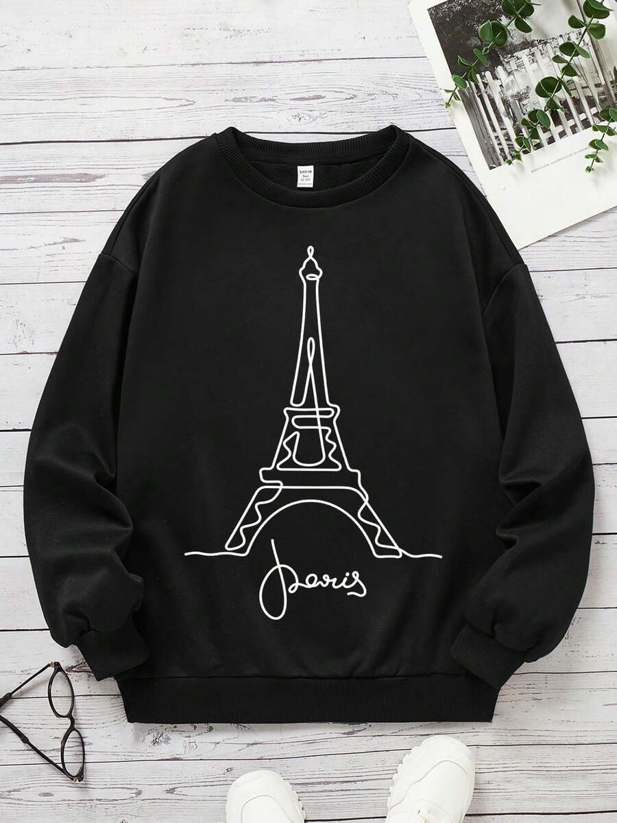 Cô gái tuổi teen Tòa tháp & Đồ họa Chữ cái Thả vai Áo nỉ - màu đen - Xem 1