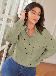 SHEIN Frenchy Plus Heart Print Button Front Shirt - Green - View 5