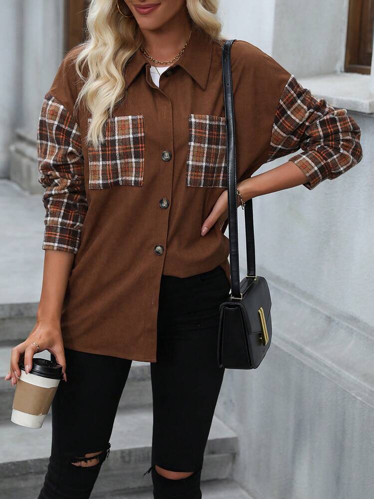 Plaid Print Drop Shoulder Coat Fall Cloth For Women