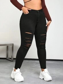 SHEIN ICON 大碼高腰破洞緊身牛仔褲 - 黑色 - 查看 4