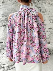 SHEIN Privé Vải in hoa Vai lạnh Tay áo lồng đèn Cà vạt Áo sơ mi - Nhiều màu - Xem 2