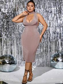 SHEIN Unity Talla grande Vestido ajustado con fruncido delantero de espalda abierta con cordón de cuello halter - Champán - Ver 1