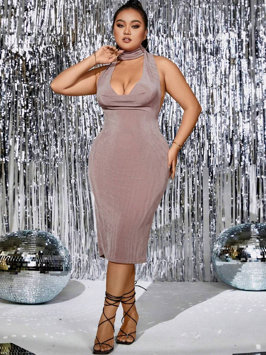 SHEIN Unity Talla grande Vestido ajustado con fruncido delantero de espalda abierta con cordón de cuello halter - Champán - Ver 1