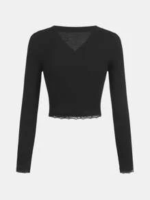 SHEIN 青少年女孩蕾絲邊前紐扣T恤 - 黑色 - 查看 2