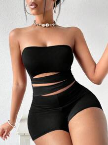 Chiquease 鏤空抹胸緊身連體褲 - 黑色 - 查看 4