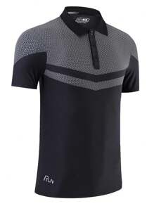 Manfinity Sport Corelite 男士對比面板運動款短袖POLO衫，適用於運動上衣 - 黑色 - 查看 3