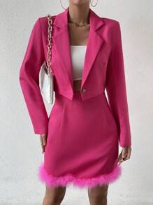 SHEIN Privé 西裝領單釦西裝外套&毛茸邊半身裙 - 玫紅色 - 查看 3
