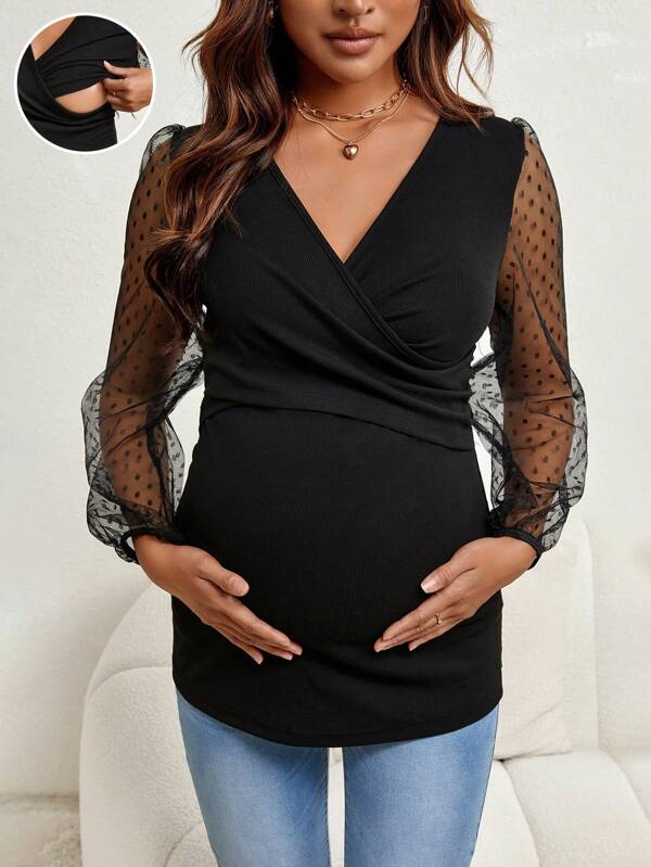 SHEIN Maternity Contrast Mesh Sleeve Wrap Cross Wrap Nursing Tee