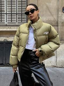 DAZY Letter Graphic Zip Up Padded Thick Pockets Coat, Women Winter Coat - Green - View 8