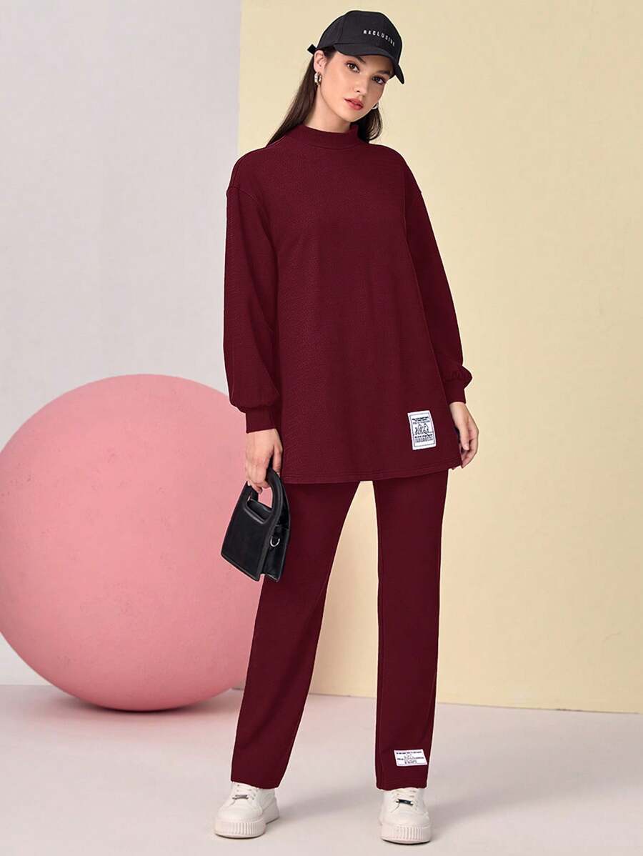 Mulvari Burgundy Red Mock Neck Drop Shoulder Patch Detail Top & Pants Set 2 Piece Set - Burgundy - View 1