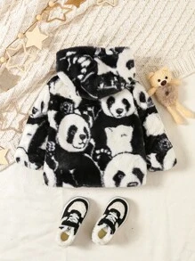 Baby Girl Panda Pattern Hooded Teddy Jacket - Khaki - View 2