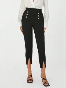 SHEIN Privé Leggings con dobladillo dividido y detalle de botones - Negro - Ver 4