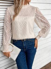 SHEIN Frenchy Frill Trim Lantern Sleeve Blouse - Apricot - View 5