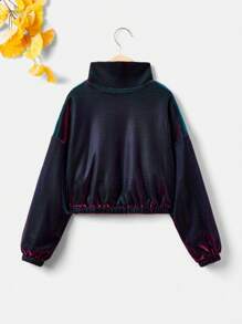 SHEIN Tween Girl Drop Shoulder Teddy Lined Zip Up Hooded Jacket - Navy Blue - View 2