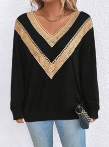 SHEIN LUNE Plus Contrast Guipure Lace Drop Shoulder Sweatshirt Pullover Fall Sweatshirt - Black - View 4
