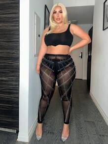 SHEIN SXY Talla grande Leggings con diseño de diamante de imitación de malla sin bragas - Negro - Ver 5