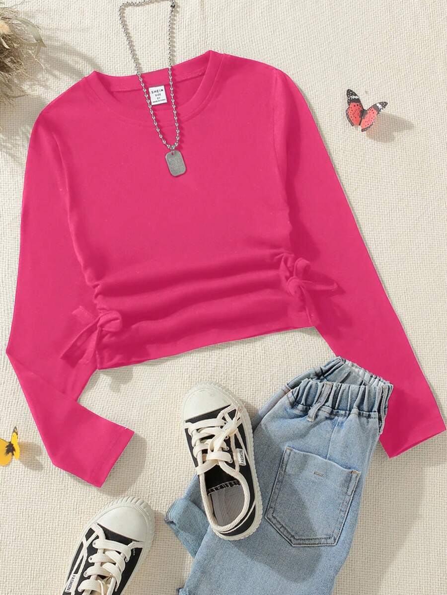 SHEIN Cô gái Tween Mặt cung Áo thun - Màu Hồng Tươi - Xem 1