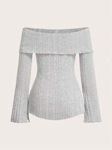 SHEIN EZwear 一字肩前紐扣T恤 - 淺灰色 - 查看 2