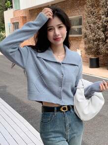 DAZY 素色落肩袖短款開衫 - 淺藍色 - 查看 1