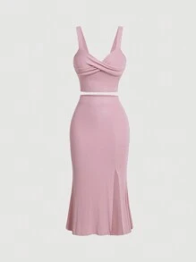 SHEIN MOD Quấn chéo Mặt trước Rộng Dây đai Áo & Tách đùi Váy - Hồng - Xem 1