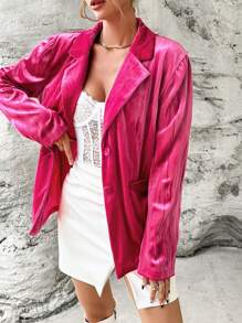SHEIN Privé Lapel Neck Single Breasted Velvet Blazer - Hot Pink - View 4