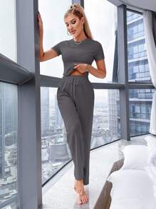 Solid Tee & Tie Waist Wide Leg Pants Lounge Set Outfit - Grey - View 5