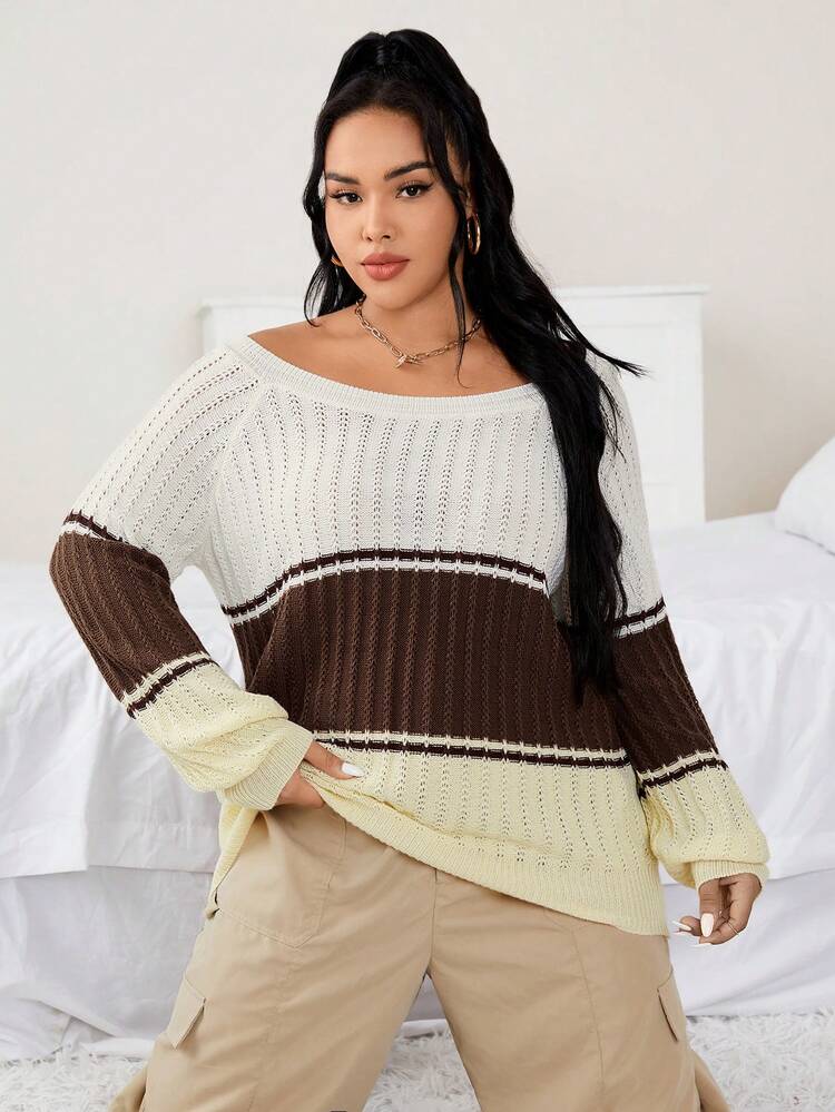 Plus Colorblock Boat Neck Sweater Knit Pullover Fall Winter Sweater