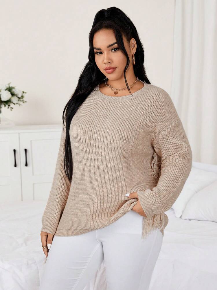 Plus Fringe Trim Drop Shoulder Sweater Knit Pullover Fall Winter Sweater