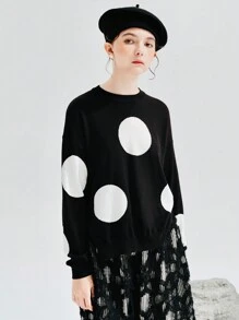 波點圖案落肩袖套頭毛衣 - 黑與白 - 查看 1