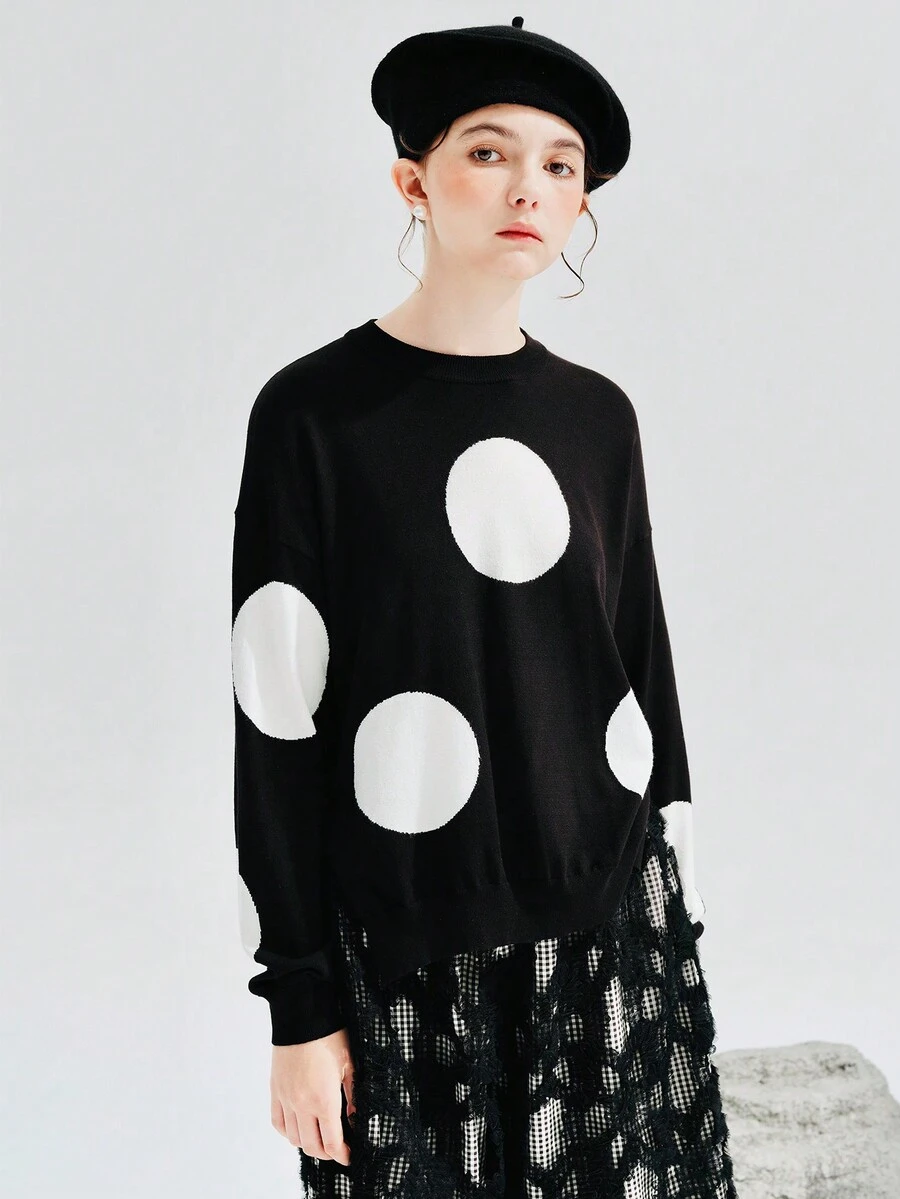 波點圖案落肩袖套頭毛衣 - 黑與白 - 查看 1