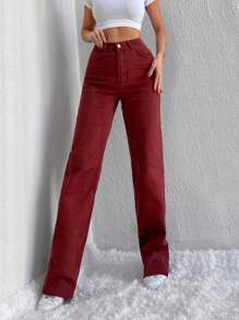 RueChic Solid Raw Hem Straight Leg Jeans - Red - View 3