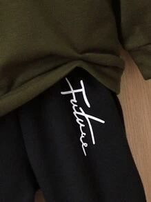 SHEIN Baby Boy Letter Graphic Two Tone Hoodie & Sweatpants - Army Green - View 6