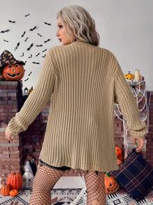 Calvaya Halloween Plus Tie Front Ribbed Knit Cardigan - Khaki - View 2