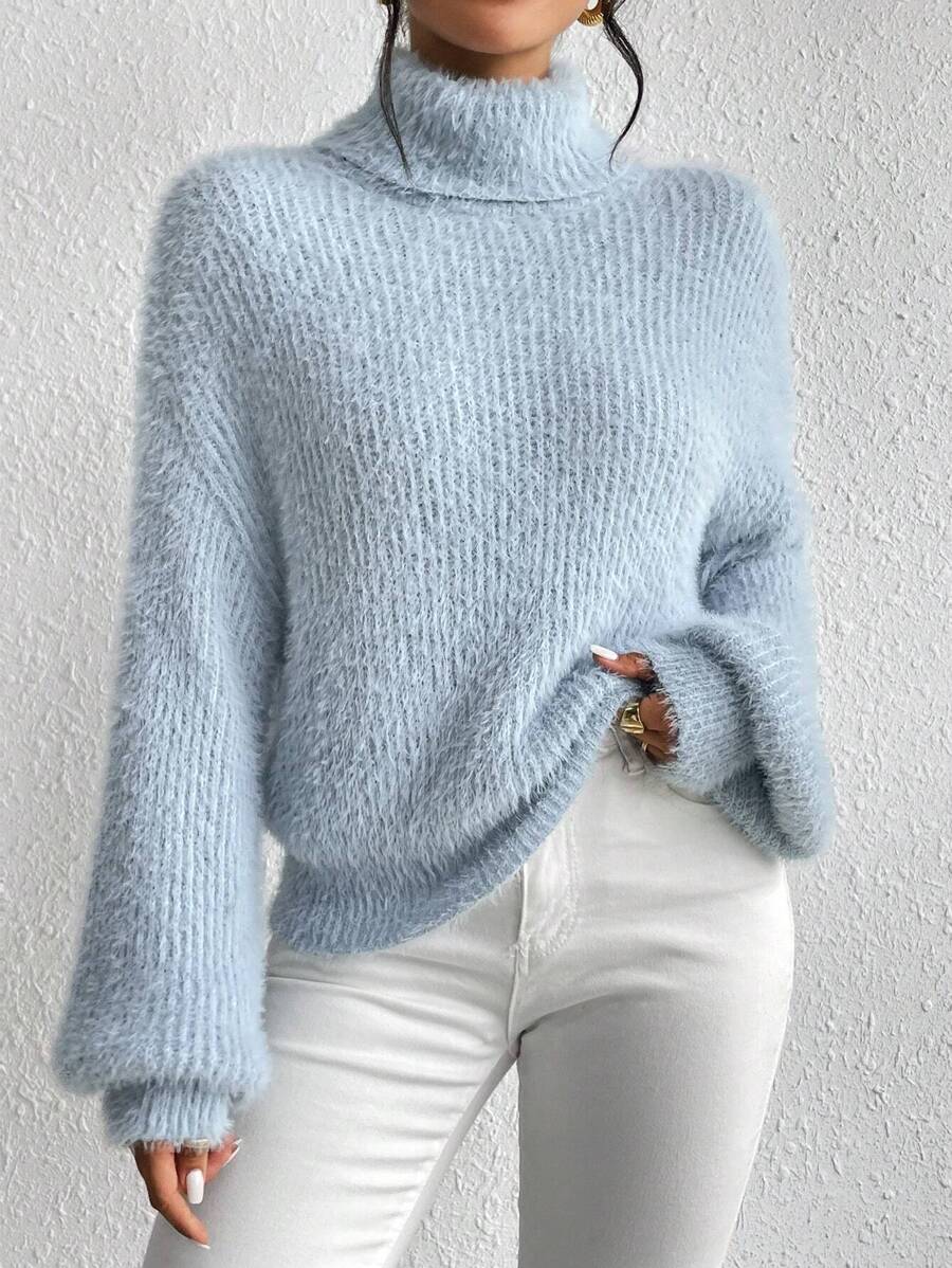 SoleilVie Jersey de punto esponjoso de cuello alto con hombros caídos, suéter de manga larga de punto para otoño e invierno - Azul - Ver 1