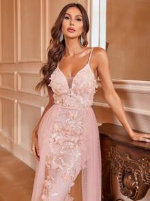 Faeriesty Floral Appliques Mesh Formal Dress - Pink - View 6