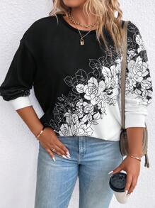 EMERY ROSE Plus Size Women's Floral Print Round Neck Sweatshirt Pullover Fall Winter Sweatshirt Autumn - Black and White - View 3