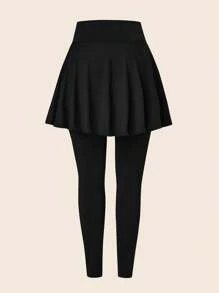 SHEIN LUNE 大碼荷葉邊下擺腰二合一緊身打底褲 - 黑色 - 查看 2